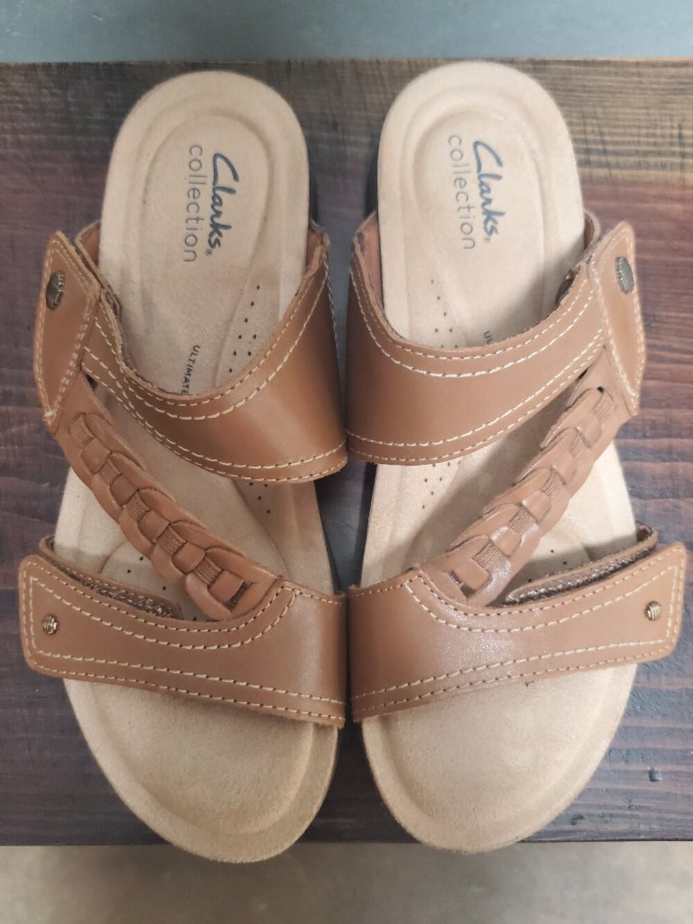 CLARKS Leather April Raelyn Slide Sandals Tan 8M Woven Adjustable Boho